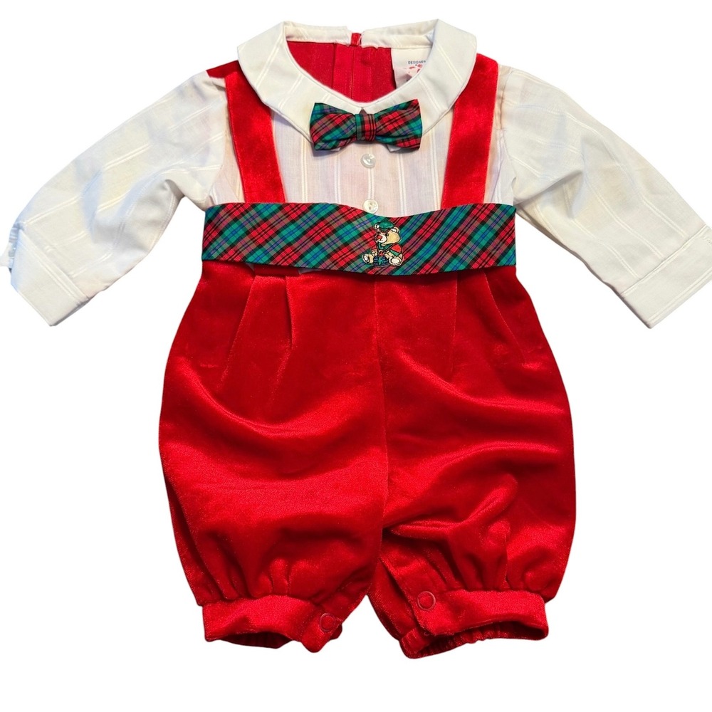 Great Guy Vintage Baby Boys Red Velvet Holiday Romper Plaid Bow Tie 3-6 Months